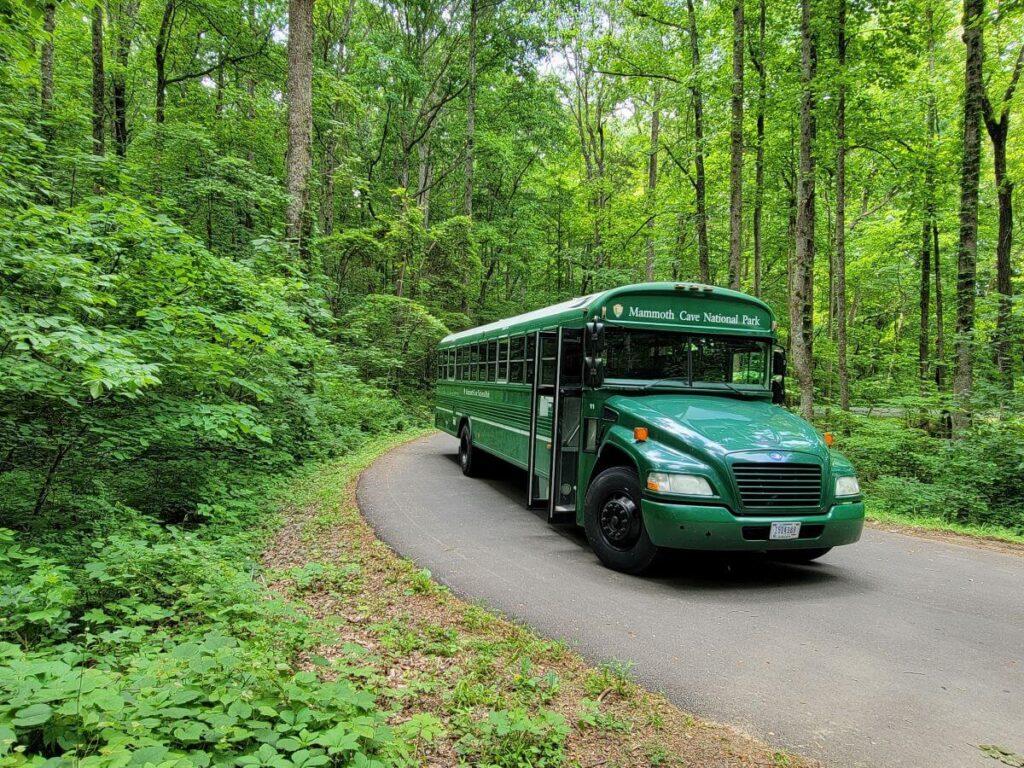 A green bus on a road through a green forest at Mammoth Cave National Park in Kentucky