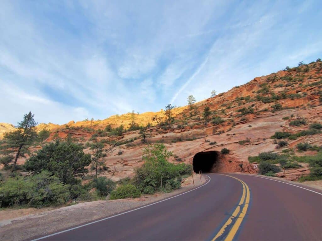A paved road goes into a tunnel carved into a cliff in Zion National Park.
