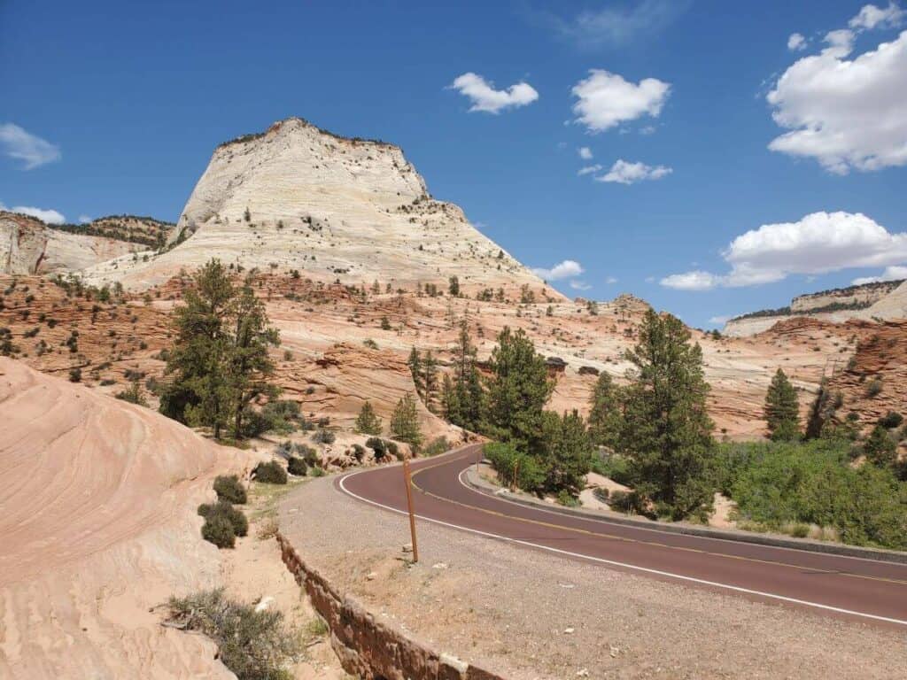 The Zion-Mount Carmel Highway bends around a pink and tan colored cliff under a blue sky in Zion National Park.