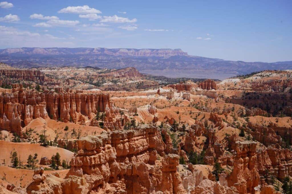 Aerial view of the canyon of orange hoodoos at Bryce Canyon National Park.