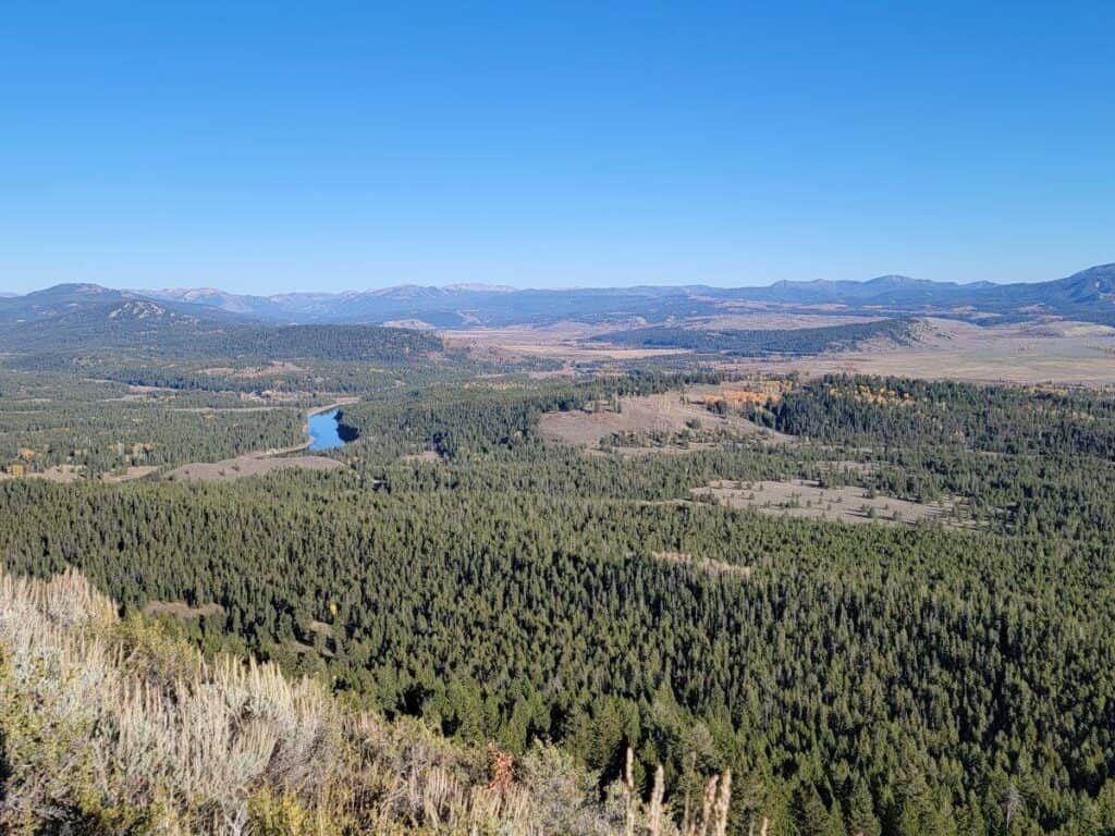 Aerial view of Jackson Hole Valley from the top of Signal Mountain in Grand Teton National Park.