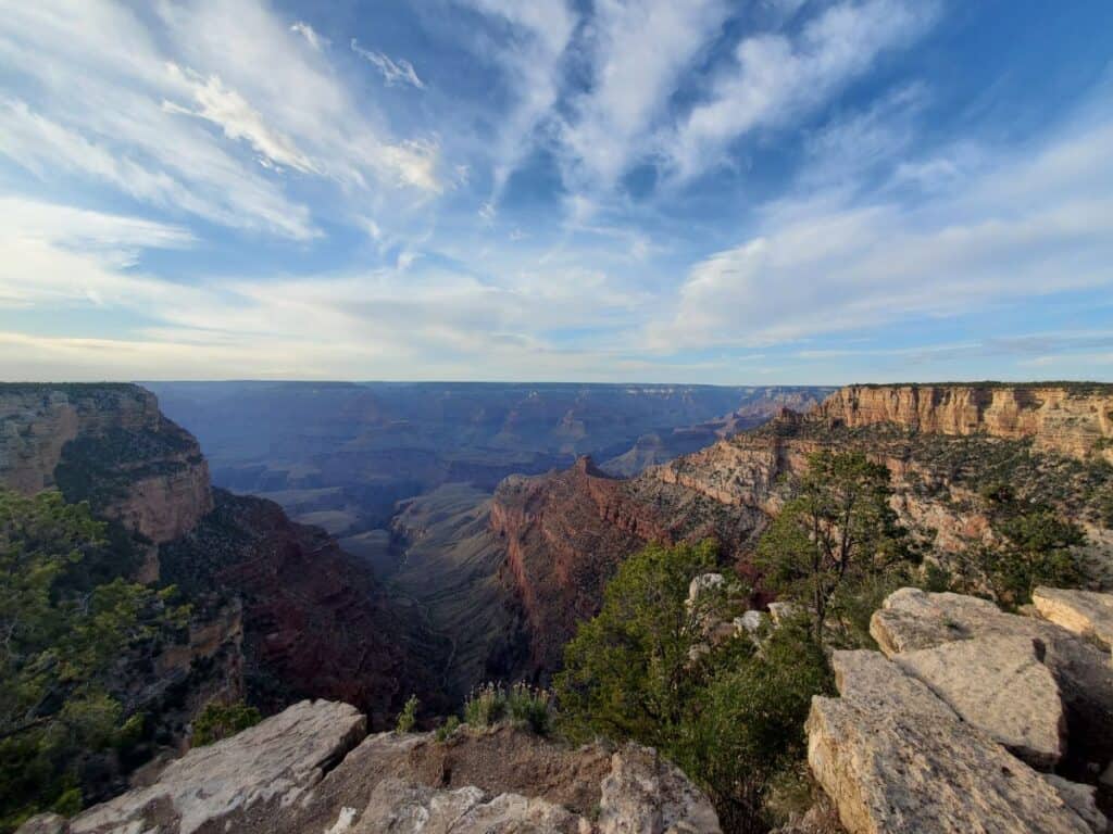 View of the Grand Canyon under a blue sky