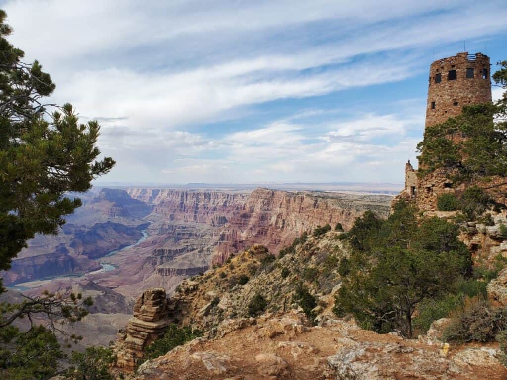 A stone tower on the edge of the Grand Canyon