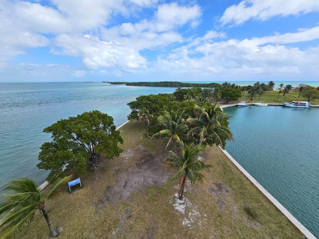 Aerial view of an island with palm trees surrounded by turquoise water at Biscayne National Park in July.